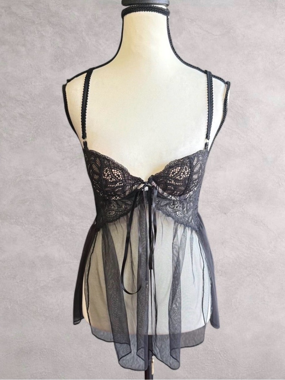 Victoria’s Secret Black Lace Sheer Babydoll Gold Charm Lingerie - 32B